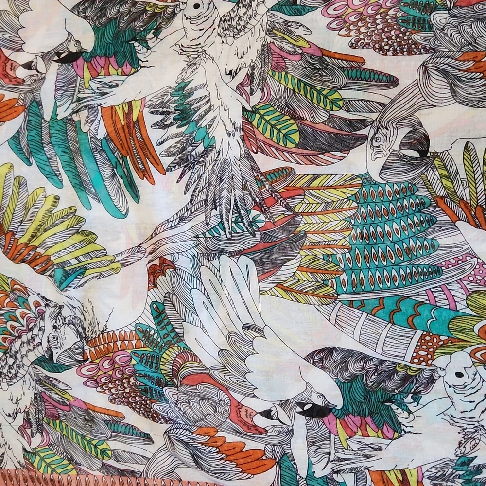 Large Bird And Fish Colorful Patterned Scarf - Picture 7 of 8